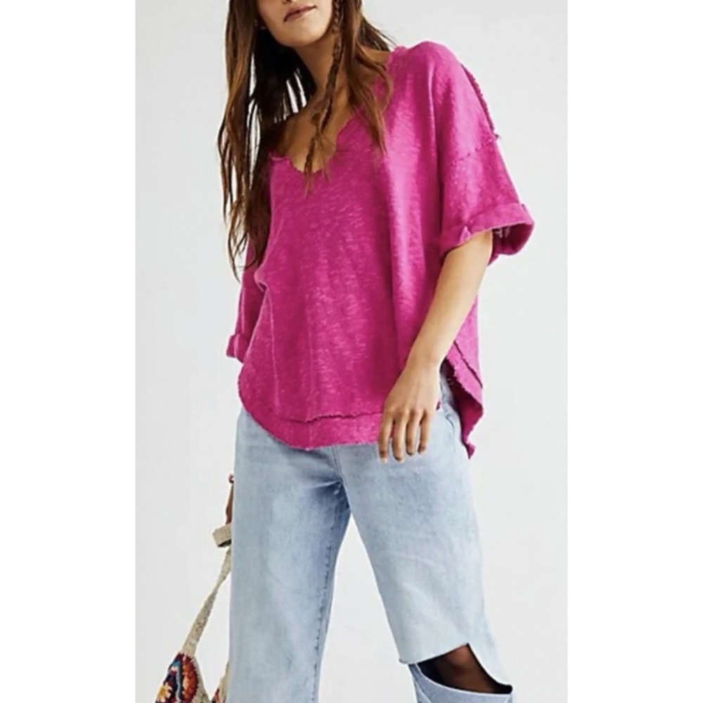 Free People We The Free Slouchy Knit Top Medium Pink Raw Edge V Neck